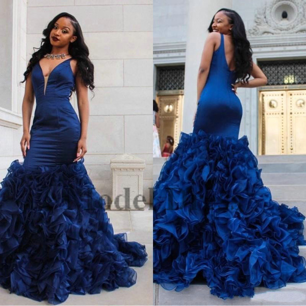 Vintage Royal Blue Evening Dresses Tiered Ruffles Sexy Deep V Neck Backless Mermaid Organza Satin Formal African Evening Party Gowns