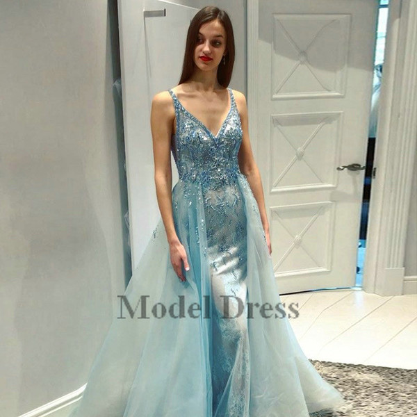 Light Blue Luxury Evening Dresses High Fashion Sunning Beading Sesuined V Neck Spaghetti Straps Elegant Celebrity Red Carpet Dresses