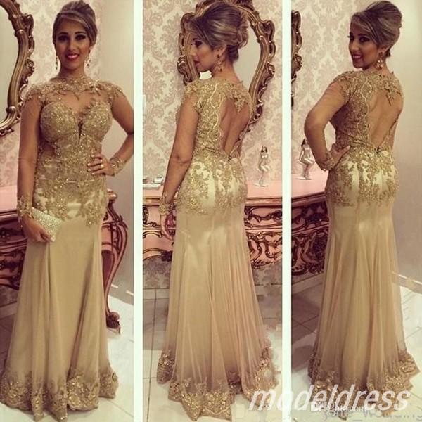 Gold Sparkly Mermaid Evening Dresses Hollow Back Jewel Long Sleeve Illusion Bodice Appliques Beads Long Women Formal Prom Party Gowns