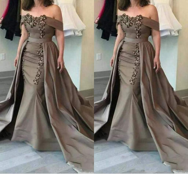 Brown Mermaid Evening Dresses With Over Skirt Off Shoulder Sweep Train Appliques Beads Formal Prom Party Gowns Special Occasion Dress