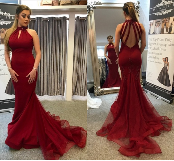 Dark Red Evening Gowns High Neck Sexy Back Mermaid Sweep Train Modest Prom Party Dresses Vestidos de fiesta Plus Size Cheap Customized