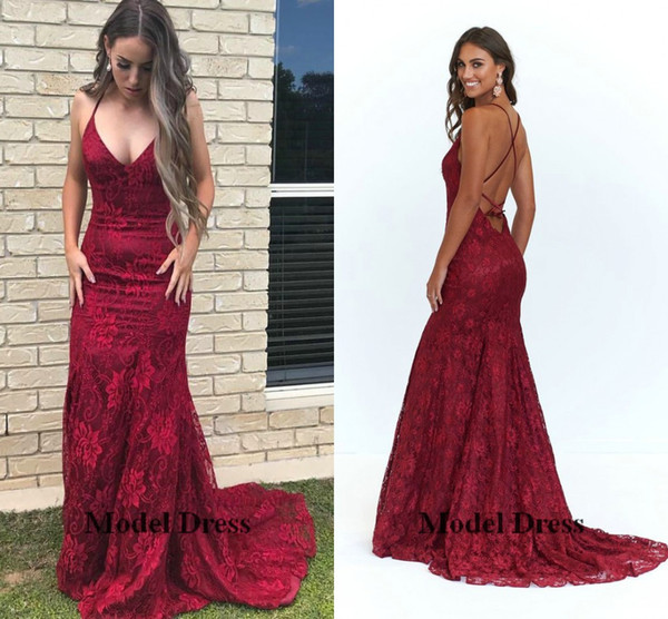 Burgundy Lace Evening Dresses Mermaid V Neck Sexy Criss Cross Backless Formal Evening Gowns for Women Vestidos de fiesta largos