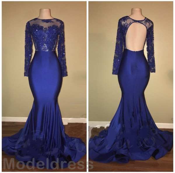 Sexy Arabic Mermaid Evening Dresses Sheer Neck Backless Long Sleeve Appliques Beaded Prom Party Royal Blue Special Occasion Gowns Cheap