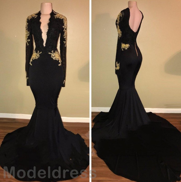 Fashion Black Mermaid Evening Dresses Sexy Deep V-Neck Backless Long Sleeve Gold Appliques Sweep Train African Evening Party Gowns