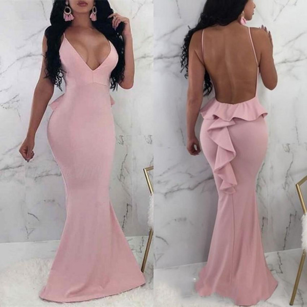 Pink Deep V-neck Long Evening Dresses Sexy Backless Stretch Satin Ruffles Spaghetti Straps Formal Evening Party Gowns Robe de soirée