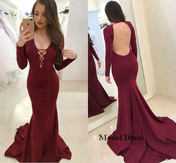 Backless Mermaid Burgundy Evening Dresses with Long Sleeves V Neck Sexy Criss-cross Formal Evening Gowns Long Train Abendkleider