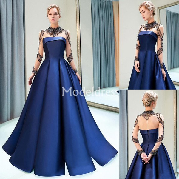 Luxury Blue Evening Dresses With Long Illusion Sleeves Beaded Sweep Train Formal Party Evening Gowns Plus Size Elegant Vestidos De Fiesta