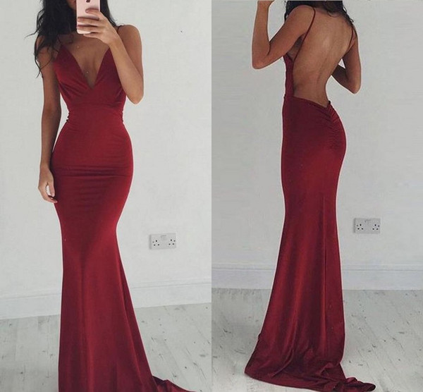 Backless Dark Red Mermaid Evening Dresses Spaghetti Sweep Train Plain Long Formal Prom Party Gowns Special Occasion Dress Plus Size 