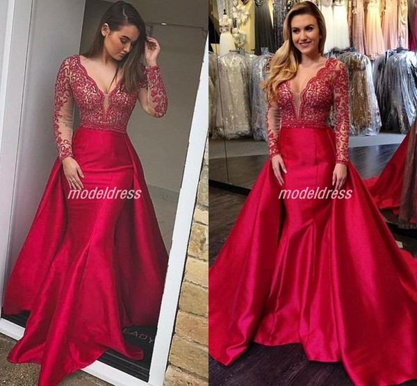 Elegant Evening Formal Dresses Mermaid V Neck Over Train Long Sleeve Appliques Beads Celebrity Dress Prom Party Gowns Plus Size