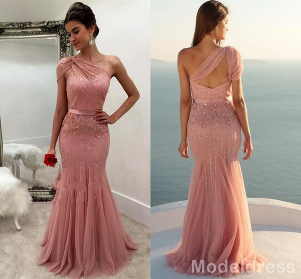 New Design Dusty Rose Formal Dresses Evening Wear One Shoulder Beaded Mermaid Long Arabic Prom Party Special Occasion Gowns Cheap