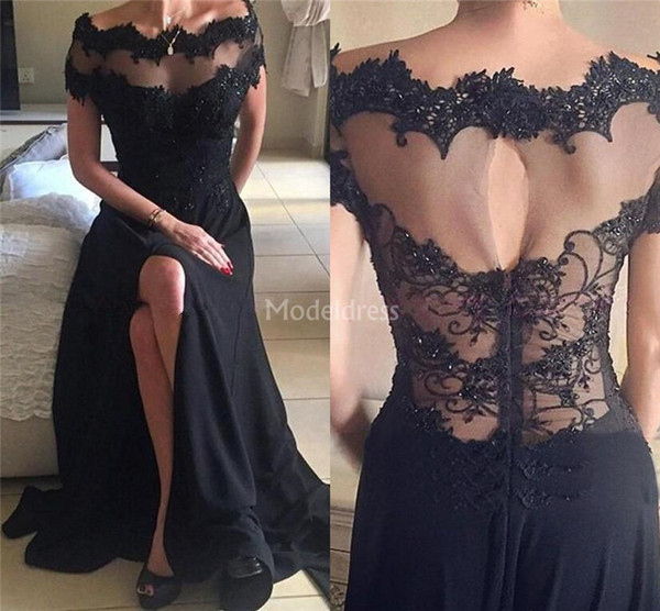 Lace Eevening Dresses Off Shoulder Illusion High Split Sweep Train Special Occasion Dresses Elegant Formal Party Evening Gowns Vestidos