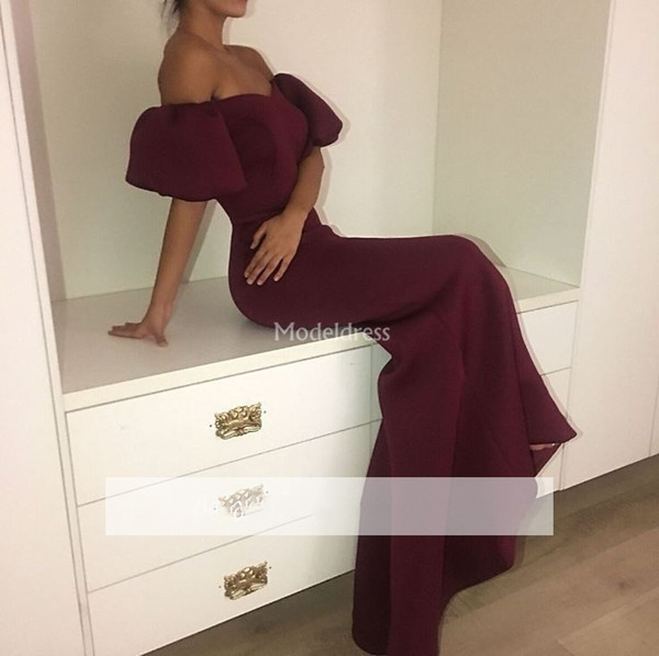 Gorgeous Burgundy Mermaid Evening Dresses Off Shoulder Sweep Train Solid Formal Party Prom Gowns Chic Special Occasion Dresses Vestidos