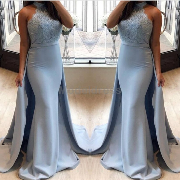 Arabic Light Sky Blue Mermaid Evening Dresses Halter Open Back Appliques Formal Evening Party Gowns Plus Size Customized