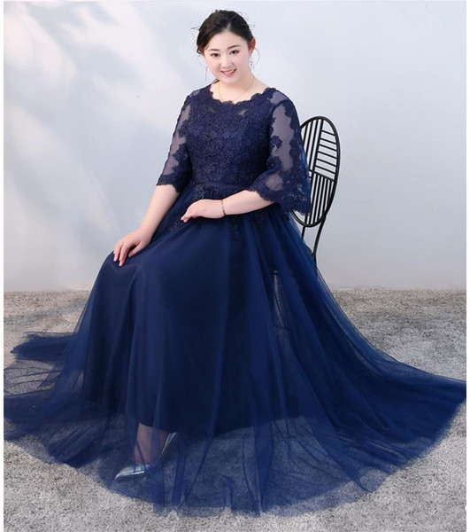 Navy Blue Plus Size Evening Dresses A Line Lace Appliques Floor Length Formal Evening Gowns for Women Party Custom Made New Fashion