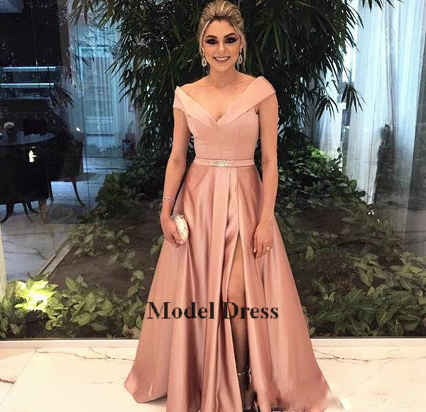 Blush Pink Long Evening Dresses Capped Sleeve V Neck A Line Front Split Sweep Train Red Carpet Celebrity Dresses for Women 