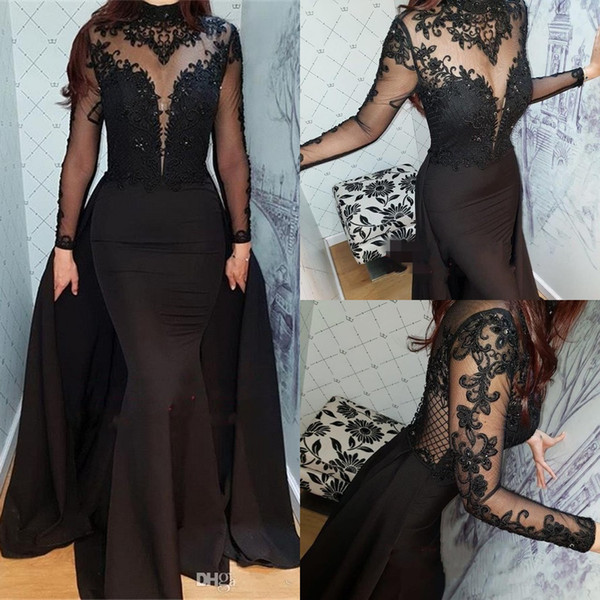 Vintage Black Mermaid Evening Dresses With Detachable Train Jewel Long Sleeve Appliques Beads Illusion Bodice Formal Prom Party Gowns