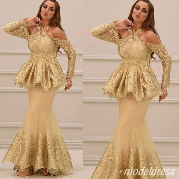 Saudi Arabic Gold Mermaid Evening Dresses Long Sleeve Floor Length Lace Appliques Formal Prom Party Gowns Special Occasion Dress Plus Size