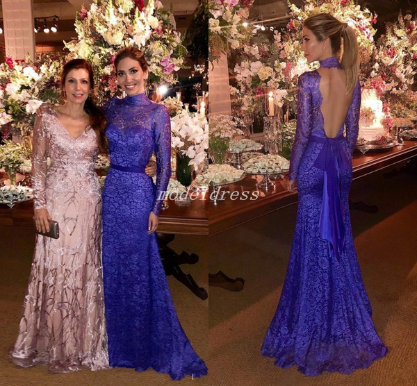 Royal Blue Long Sleeve Lace Mermaid Evening Dresses High Neck Backless Sweep Train Arabic Celebrity Dress Prom Party Gowns Plus Size