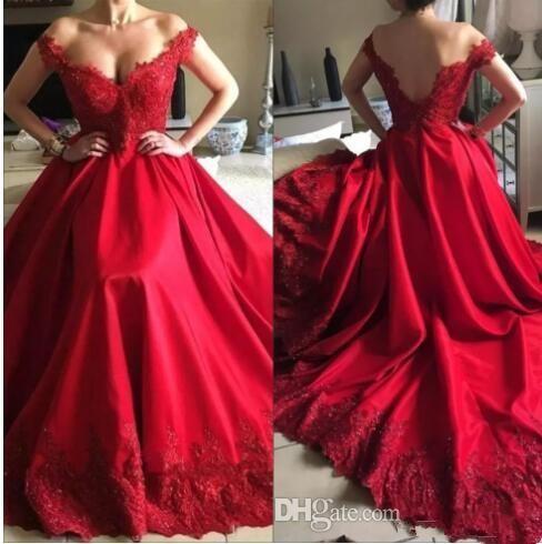 Red Evening Dresses Long A Line Satin Lace Appliques Off the Shoulder Floor Length Elegant Formal Prom Party Pageant Red Carpet Gowns