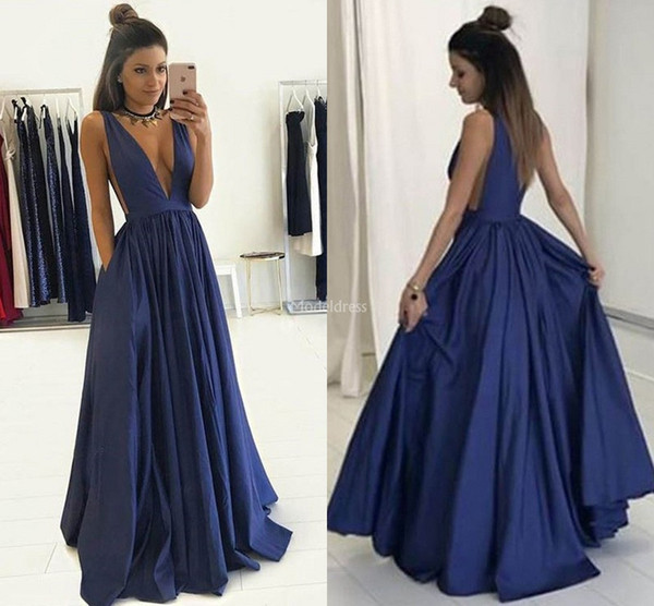 Modern Evening Dresses Deep V-Neck A Line Sweep Train Formal Party Evening Gown Simple Special Occasion Dresses Cheap Vestidoe De Noiva