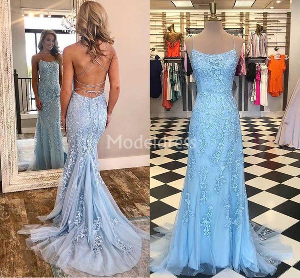 Elegant Lace Mermaid Evening Dresses Spaghetti Strap Sweep Train Tulle Appliques Formal Party Evening Gowns Stylish Special Occasion Dresses