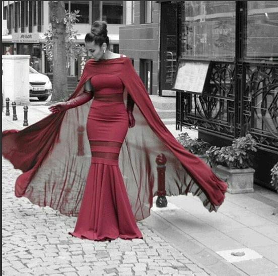 Burgundy Evening Dresses with Cape Chiffon Sheer Waist Floor Length Formal Elegant Mermaid Arabic Evening Gowns vestidos de fiesta