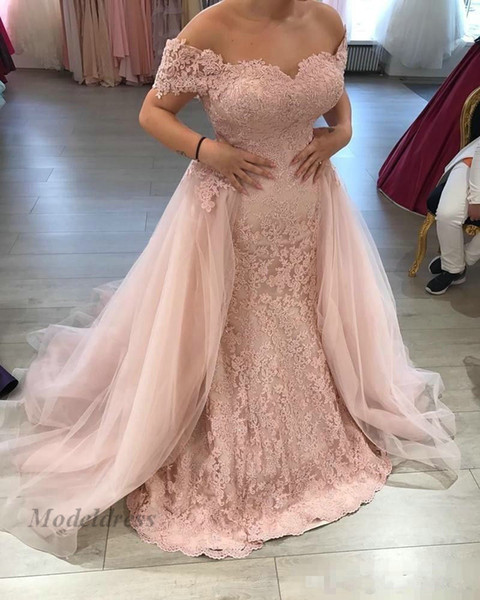 Pink Mermaid Evening Dresses with Detachable Train Overskirt Lace Appliques Tulle Off the Shoulder Capper Sleeves Formal Evening Gowns 