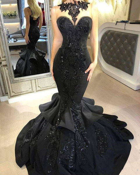 Sparkly Mermaid Black Arabic Evening Dresses Sheer Neck Appliques Open Back Cascading Ruffles Long Prom Party Vestidos de Festa Customized