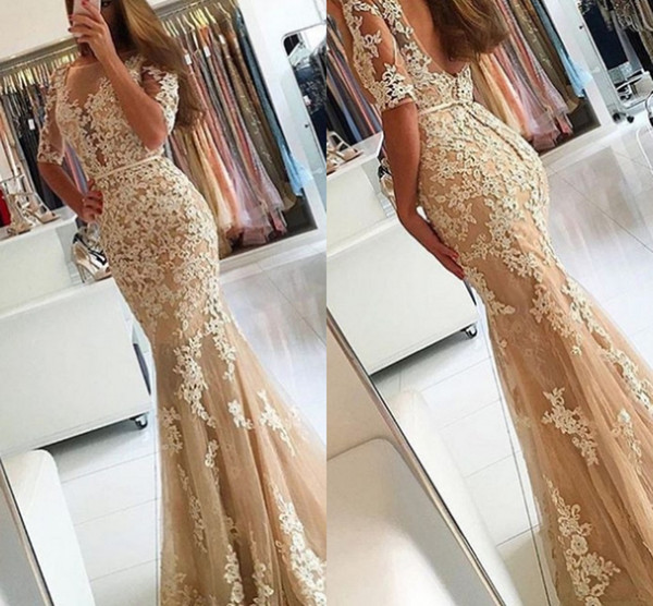 New Mermaid Champagne Dresses Evening Wear Half Sleeve Sheer Neck Appliques Beads Backless Modest Prom Party Gowns Cheap Custom