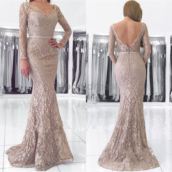 Elegant Full Lace Mermaid Evening Dresses V-Neck Open Back Long Sleeve Floor Length Evening Party Gowns Special Occasion Dresses Cheap