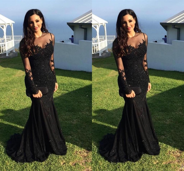 New Mermaid Arabic Evening Dresses Sheer Neckline Illusion Lace Appliques Beaded Long Sleeves Formal Black Party Dress Prom Gowns