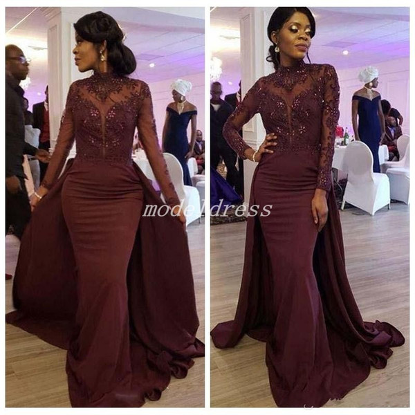 Burgundy African Mermaid Evening Dresses With Detachable Train Long Sleeve Jewel Sweep Train Appliques Beads Formal Prom Party Gowns