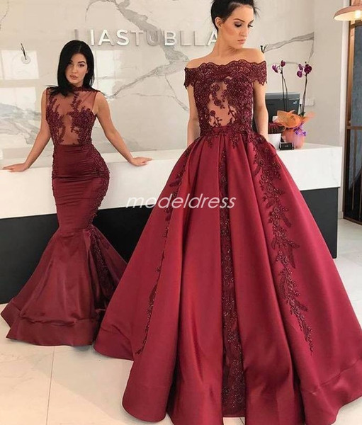 Abendkleider Burgundy Evening Dresses Off Shoulder Sweep Train Appliques Beads Pockets Illusion Bodice Long Formal Prom Party Gowns