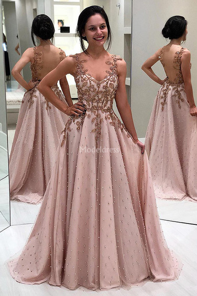 Luxury Modern Evening Dresses Deep V-Neck Pearls Appliques A Line Sweep Train Illusion Party Prom Gowns Special Occasion Dress Vestidos