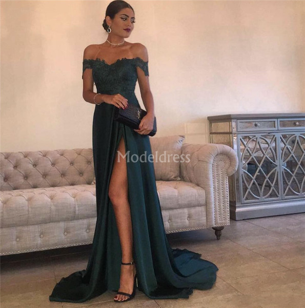 Sexy High Side Split Lace Evening Dresses Off Shoulder Sweep Train Special Occasion Dresses Cheap Formal Party Prom Gowns Vestidos De Fiesta