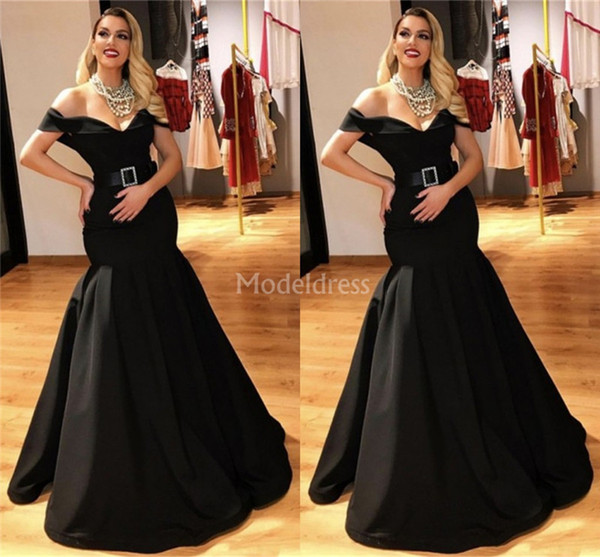 Sexy Mermaid Black Evening Dresses Off Shoulder Sweep Train Formal Party Prom Gowns Vestidos De Fiesta Cheap Special Occasion Dresses Custom