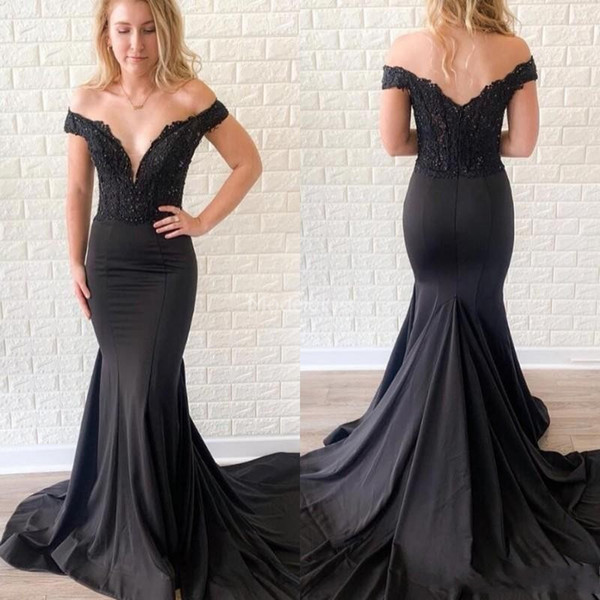 New Arrival Black Mermaid Evening Dresses Off Shoulder Beads Open Back Sweep Train Formal Party Prom Gown Modern Special Occasion Dress