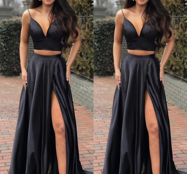 Sexy Black Evening Dresses Deep V-Neck Two Pieces High Side Split Hot Vestidos De Fiesta Cheap Sweep Train Formal Party Evening Dresses