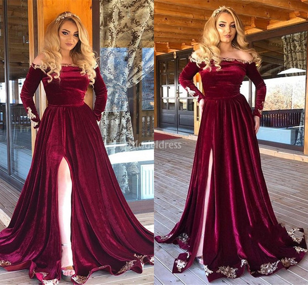 Modern Evening Dresses Off Shoulder Long Sleeves Velvet High Side Split Sweep Train A Line Appliques Formal Party Evening Gowns Vestido