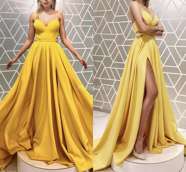 Simple Yellow Evening Dresses Spaghetti Straps High Side Split Sweep Train Special Occasion Dresses Elegant Party Prom Gowns Custom Vestidos