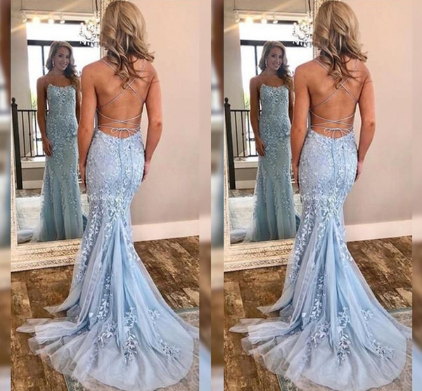 Gorgeous Mermaid Lace Evening Dresses New Spaghetti Strap Appliques Sweep Train Hot Formal Party Prom Dresses Modern Vestidos De Fiesta