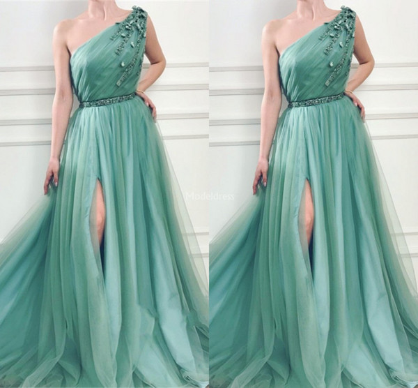 Gorgeous Evening Dresses One Shoulder Appliques High Side Split A Line Modern Special Occasion Dresses Charming Formal Party Prom Gowns