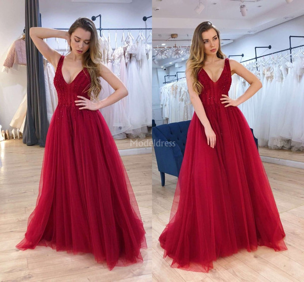 Charming Evening Dresses Deep V-Neck Beads A Line Soft Tulle Sexy Party Prom Gowns Gorgeous Plus Size Special Occasion Dresses Vestidos