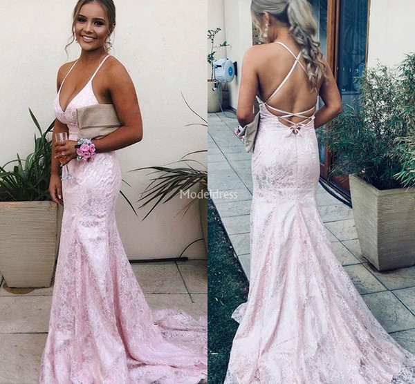 Arabric Pink Lace Mermaid Evening Dresses Deep V-Neck Open Back Sweep Train Hot Prom Dresses Sexy Vestidos De Fiesta Formal Party Gowns