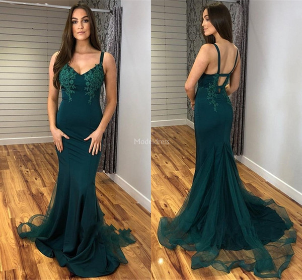 New Arrival Mermaid Evening Dresses Deep V Neck Open Back Sweep Train Sexy Party Prom Gowns Appliques Special Occasion Dresses Vestidos