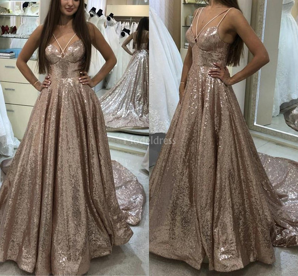 Luxury Biling Evening Dresses A Line Backless Sweep Train Sexy Formal Party Prom Gowns Plus Size Sparkly Special Occasion Dress Vestido