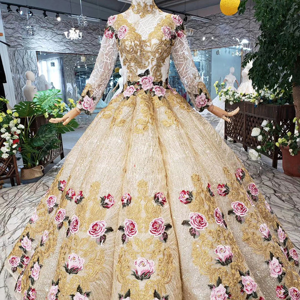 2022Latest Design Muslim Evening Dresses Long Sleeve High Neck Lace Up Back Colorful Hand Made 3D Floral Applique Pattern Luxury Prom Gowns