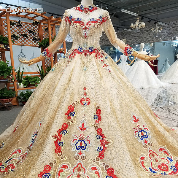 2022Luxury Evening Dresses Long High Neck Three Quarter Sleeves Lace Up Back Ball Gown Shiny Multi Color Evening Dresses With Train