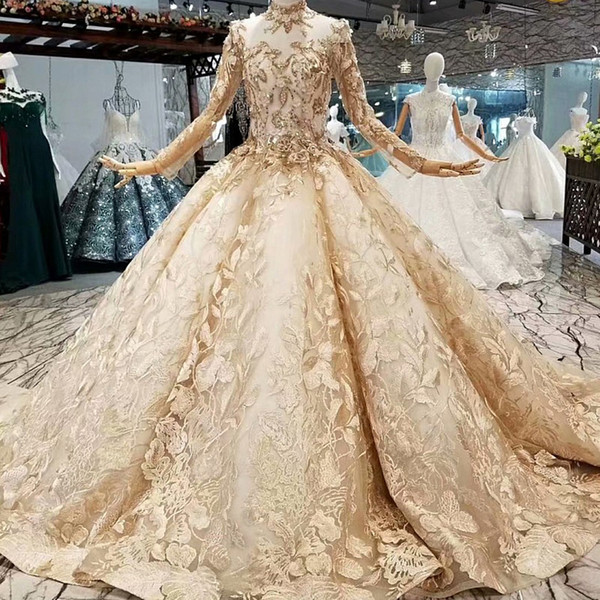 2022Luxury Saudi Arabia Evening Party Dresses Long Sleeves High Neck 3D Flower Golden Ball Gown Muslim Prom Dresses Girl Pageant Dresses