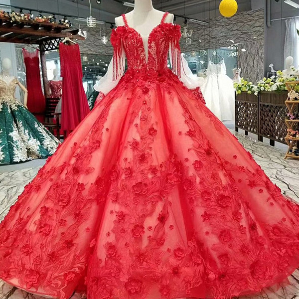 2022Best Seller Ball Gown Plus Size Evening Dresses Spaghetti Strap Long Sleeves Bridal 3D Flower Red Lace Party Dresses Girl Pageant Dress